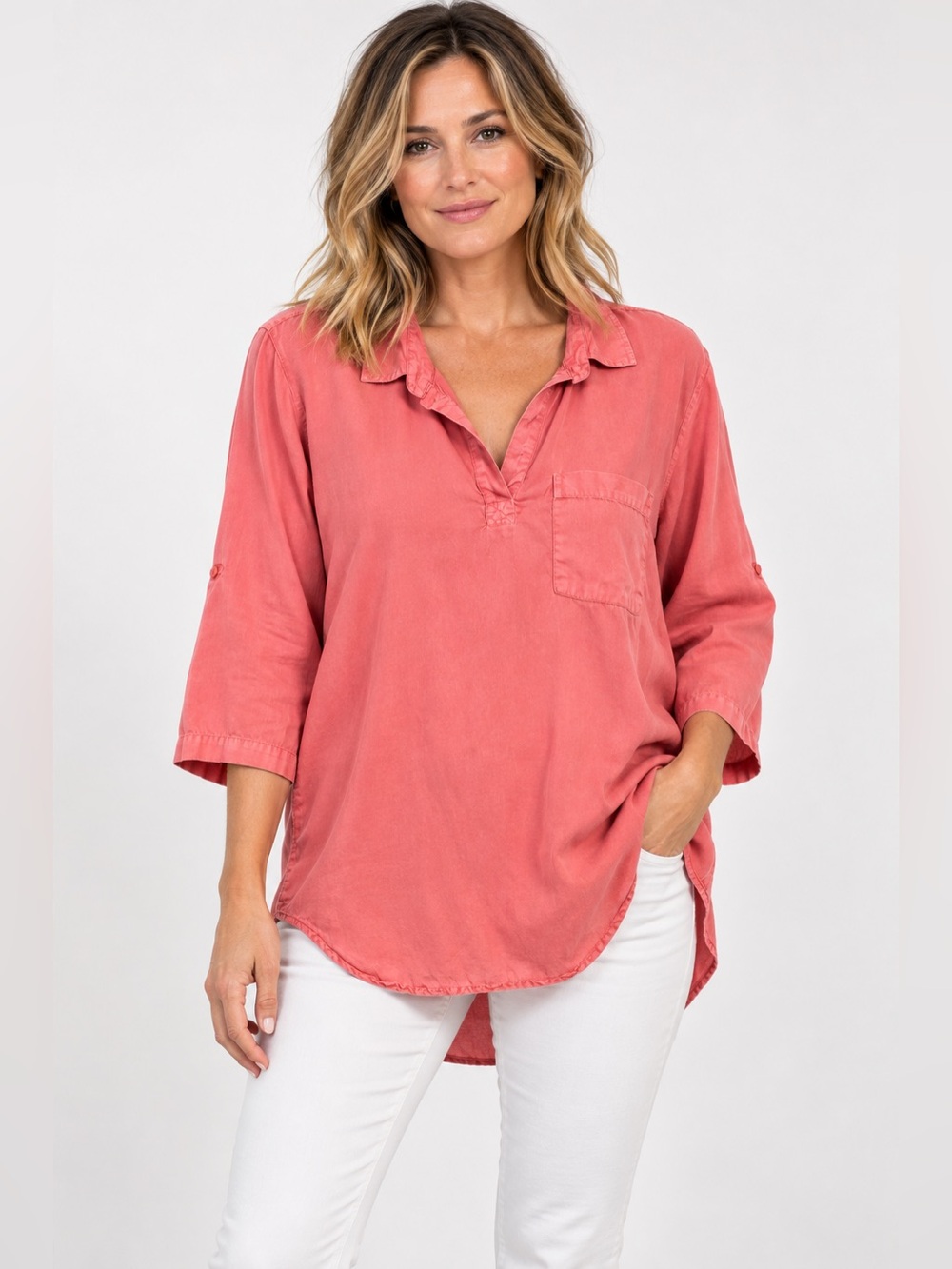 Mododoc Los Angeles 100% Tencel Coral Oversized Tunic Blouse 3/4 Sleeve Large